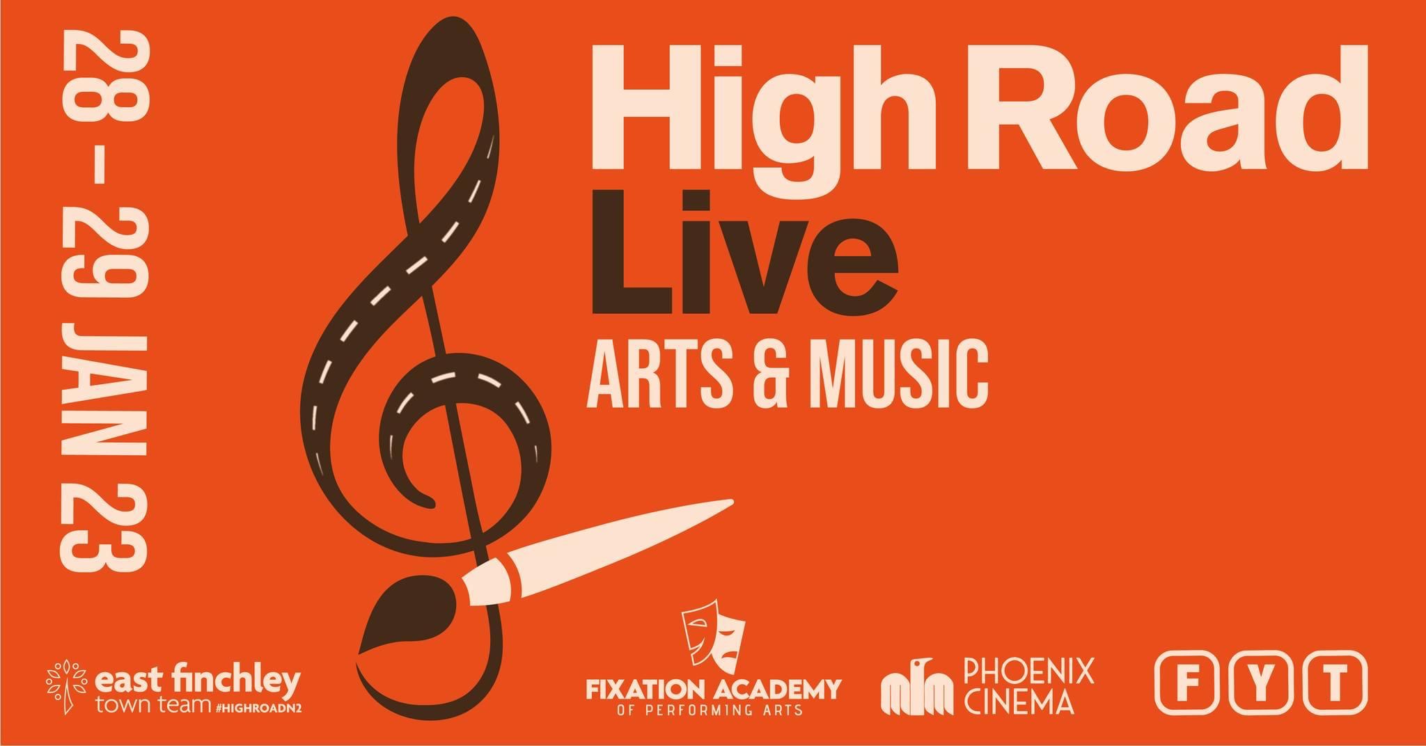 High Road Live Poster by Hughes Design for East Finchley Town Team. Graphic of Trdeble clef with paint brush