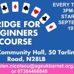 Bridge for beginners course every Tuesday at Wilmot Community Hall, East Finchley N2 - 3-5pm from 19th September