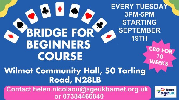 Bridge for beginners course every Tuesday at Wilmot Community Hall, East Finchley N2 - 3-5pm from 19th September