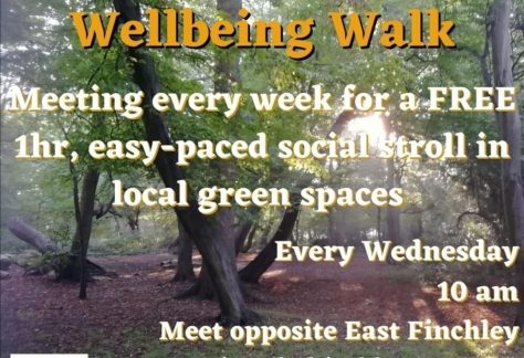 Graphic for the East Finchley, Wellbeing Walk, a free one hour easy-paced social stroll in local green space, Wednesday's from 10am.